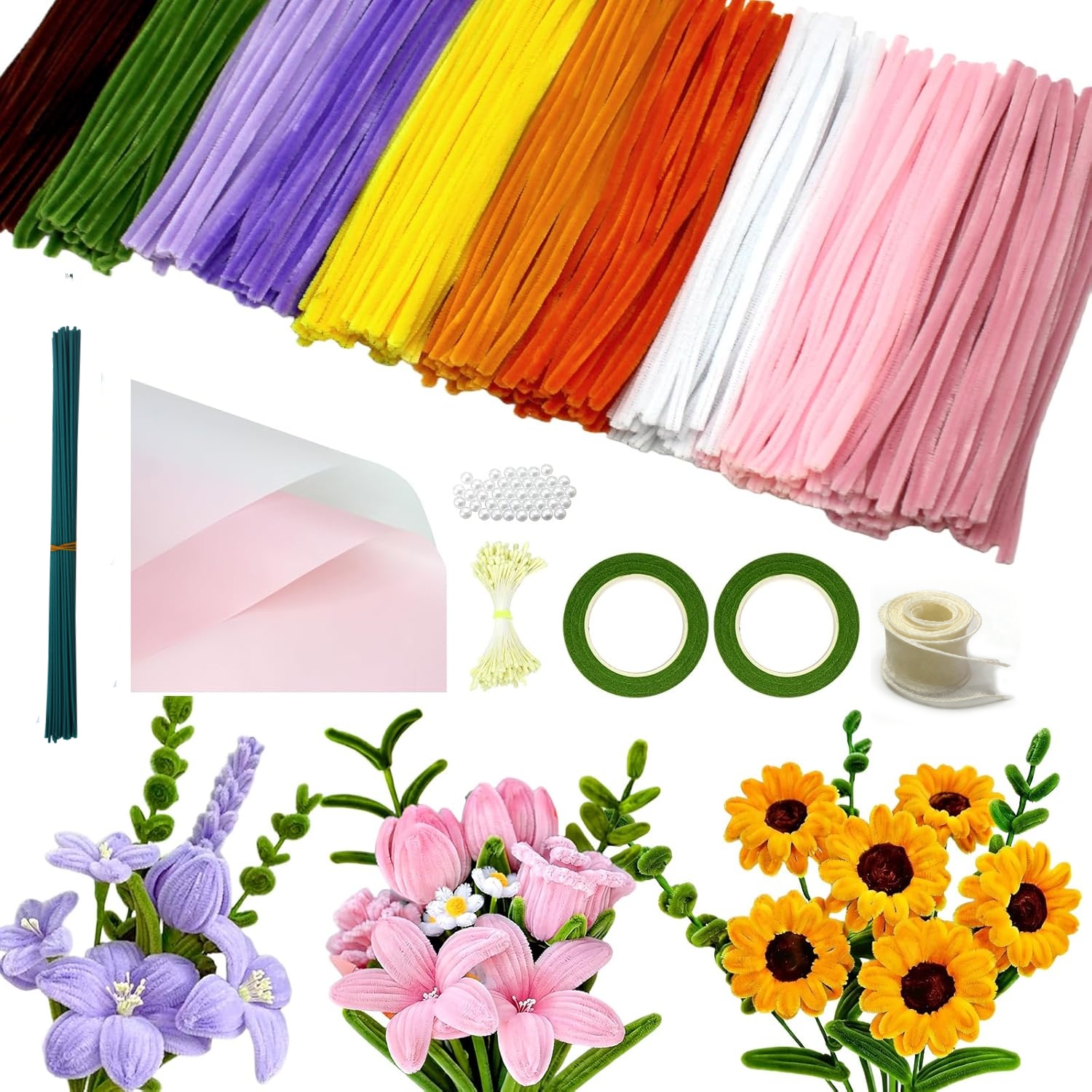 Art Craft Video - 697pcs Colorful Pipe Cleaners Flower Kit