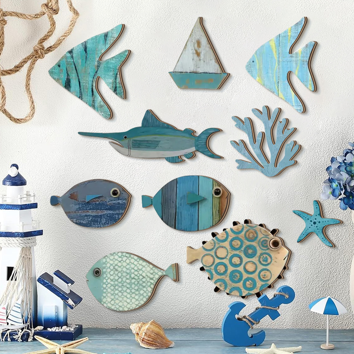 Art Craft Movement - 10pcs/set Sea Theme 2D Wooden Fish